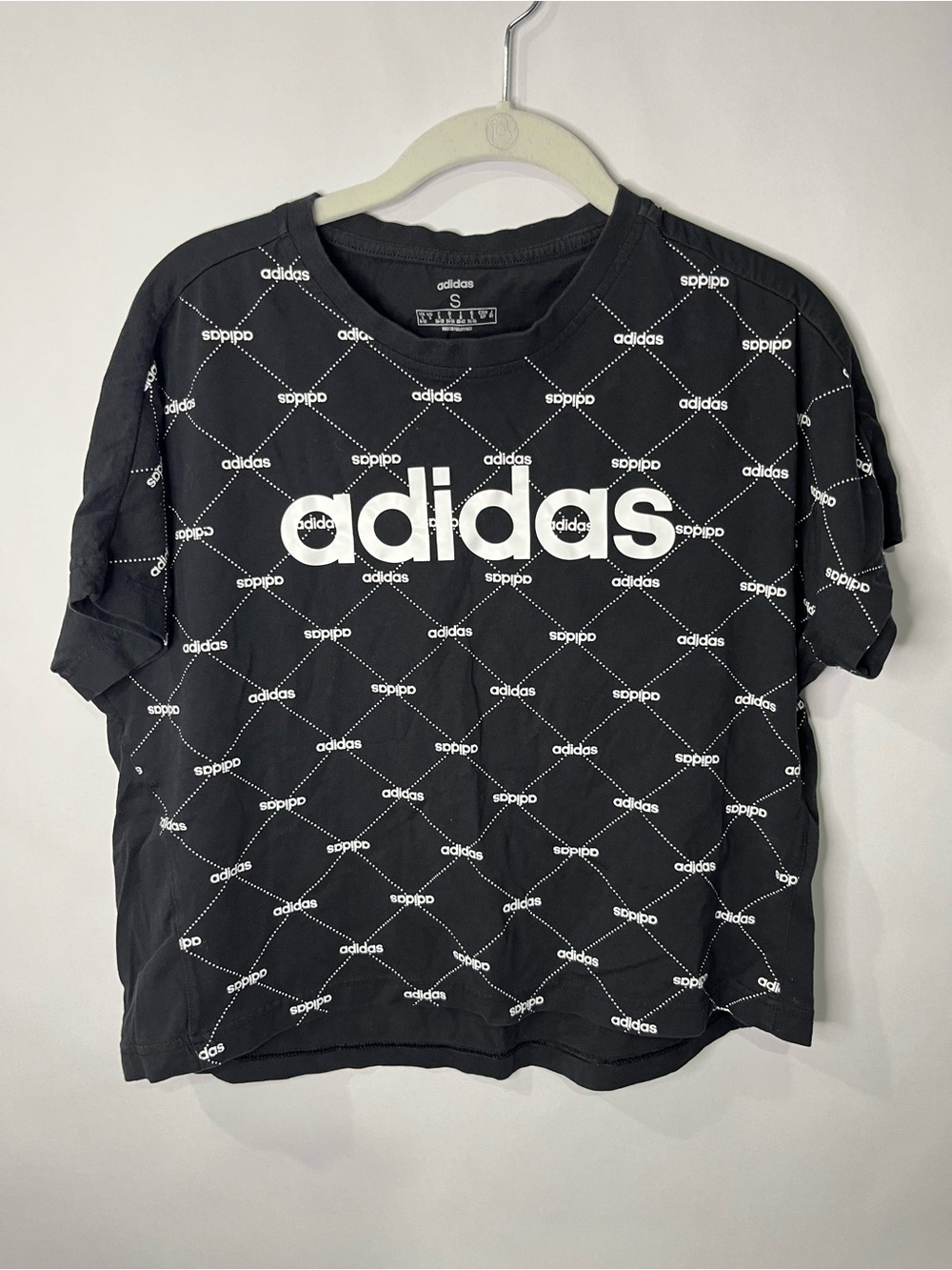 Adidas Black White Logo Print Cropped T-Shirt Size S